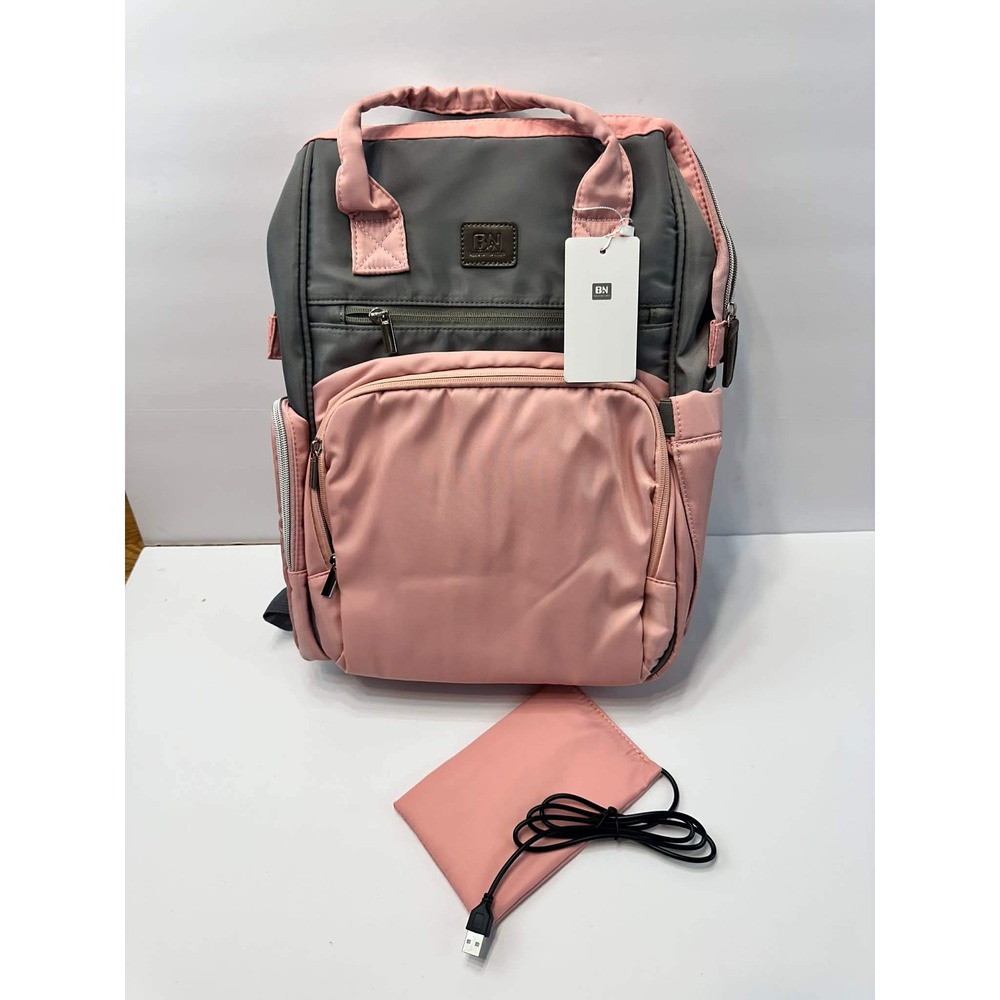 BN Diaper Backpack Pink Gray Large Baby Bag‎ USB Heating Pad Multi Pocket